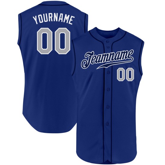 Custom Royal Authentic Baseball Jersey Gray-White Sleeveless Custom Royal Authentic Baseball Jersey Gray-White Sleeveless
