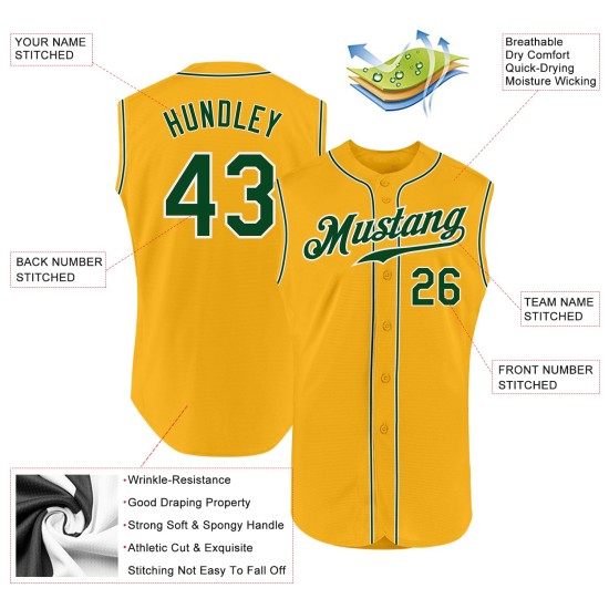 Gold Baseball Sleeveless Jersey Custom Green-White Authentic Gold Baseball Sleeveless Jersey Custom Green-White Authentic