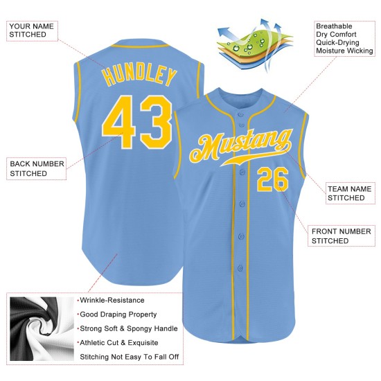 Light Gold-White Authentic Custom Sleeveless Blue Baseball Jersey Light Gold-White Authentic Custom Sleeveless Blue Baseball Jersey