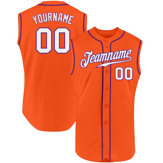 Orange Authentic Baseball Jersey White-Purple Sleeveless Custom Orange Authentic Baseball Jersey White-Purple Sleeveless Custom