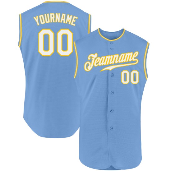Blue Authentic Custom Sleeveless Light Baseball White-Gold Jersey Blue Authentic Custom Sleeveless Light Baseball White-Gold Jersey
