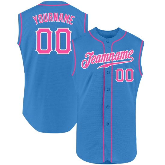 Powder Baseball Pink-White Sleeveless Blue Custom Authentic Jersey Powder Baseball Pink-White Sleeveless Blue Custom Authentic Jersey