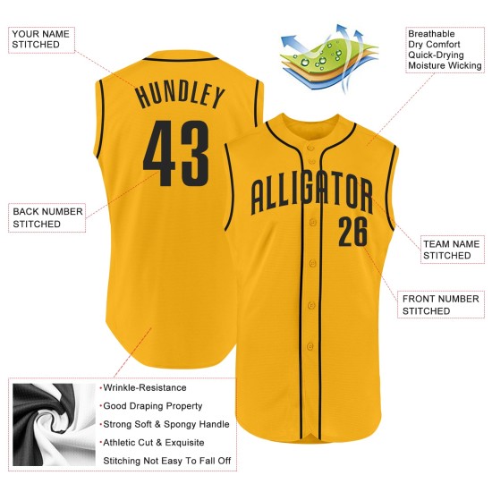 Sleeveless Authentic Jersey Gold Baseball Custom Black Sleeveless Authentic Jersey Gold Baseball Custom Black