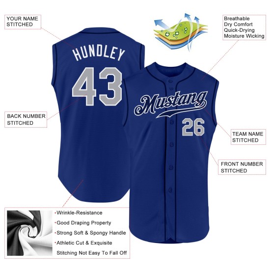 Custom Royal Authentic Baseball Jersey Gray-White Sleeveless Custom Royal Authentic Baseball Jersey Gray-White Sleeveless