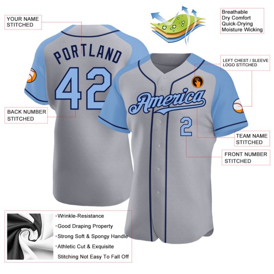 Jersey Blue-Navy Authentic Sleeves Custom Raglan Gray Light Baseball Jersey Blue-Navy Authentic Sleeves Custom Raglan Gray Light Baseball