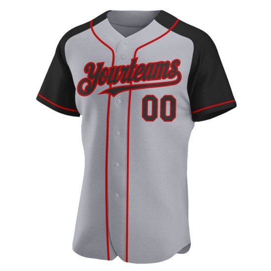 Baseball Raglan Gray Custom Authentic Black-Red Sleeves Jersey Baseball Raglan Gray Custom Authentic Black-Red Sleeves Jersey