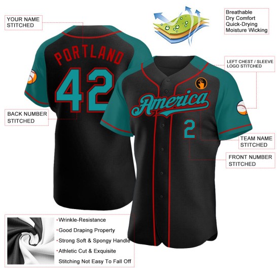 Jersey Raglan Black Teal-Red Baseball Sleeves Custom Authentic Jersey Raglan Black Teal-Red Baseball Sleeves Custom Authentic