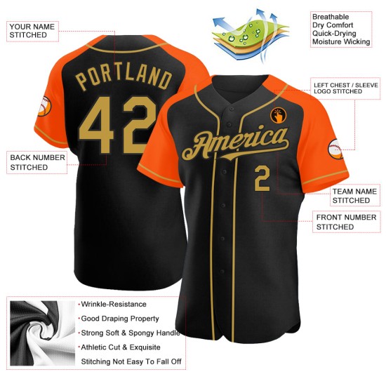 Raglan Baseball Gold-Orange Sleeves Authentic Jersey Old Black Custom Raglan Baseball Gold-Orange Sleeves Authentic Jersey Old Black Custom