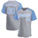 Authentic Sleeves Light Gray Baseball Custom Blue-White Raglan Jersey Authentic Sleeves Light Gray Baseball Custom Blue-White Raglan Jersey