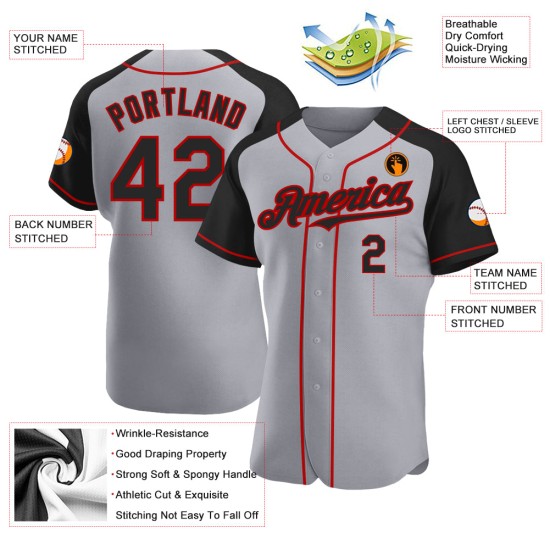 Baseball Raglan Gray Custom Authentic Black-Red Sleeves Jersey Baseball Raglan Gray Custom Authentic Black-Red Sleeves Jersey
