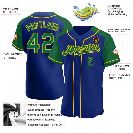 Authentic Raglan Royal Sleeves Custom Baseball Jersey Kelly Green-Yellow Authentic Raglan Royal Sleeves Custom Baseball Jersey Kelly Green-Yellow