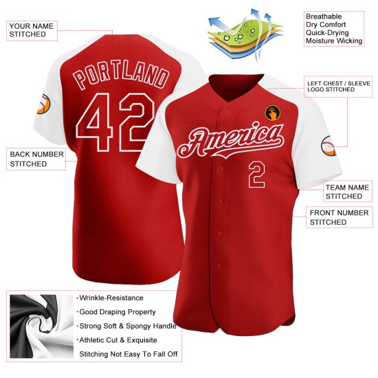 Raglan Red Jersey Authentic White Baseball Custom Sleeves Raglan Red Jersey Authentic White Baseball Custom Sleeves