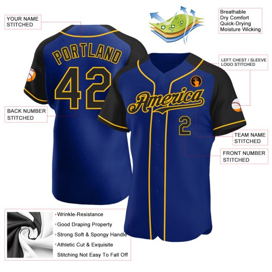 Royal Black-Gold Raglan Baseball Sleeves Authentic Jersey Custom Royal Black-Gold Raglan Baseball Sleeves Authentic Jersey Custom