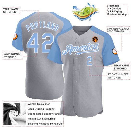 Authentic Sleeves Light Gray Baseball Custom Blue-White Raglan Jersey Authentic Sleeves Light Gray Baseball Custom Blue-White Raglan Jersey