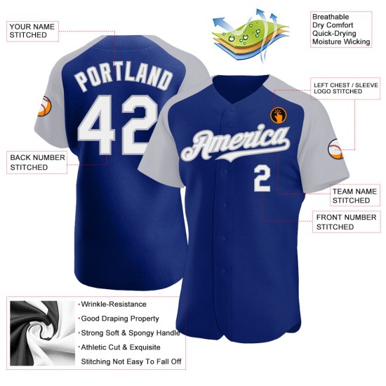 White-Gray Royal Raglan Sleeves Baseball Jersey Authentic Custom White-Gray Royal Raglan Sleeves Baseball Jersey Authentic Custom
