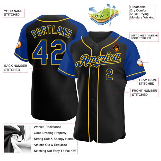 Raglan Royal-Yellow Jersey Custom Sleeves Baseball Black Authentic Raglan Royal-Yellow Jersey Custom Sleeves Baseball Black Authentic