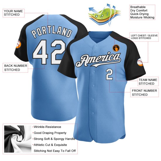 White-Black Baseball Sleeves Light Custom Jersey Blue Authentic Raglan White-Black Baseball Sleeves Light Custom Jersey Blue Authentic Raglan