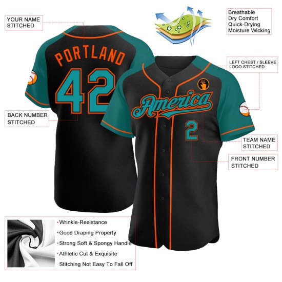 Authentic Baseball Custom Sleeves Raglan Jersey Black Teal-Orange Authentic Baseball Custom Sleeves Raglan Jersey Black Teal-Orange
