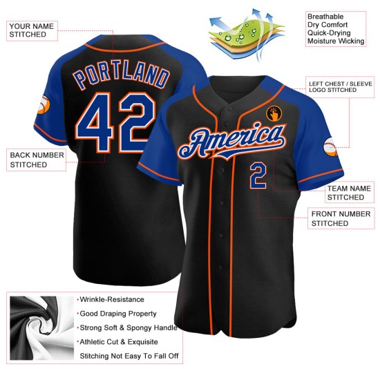Royal-Orange Sleeves Baseball Jersey Custom Authentic Black Raglan Royal-Orange Sleeves Baseball Jersey Custom Authentic Black Raglan