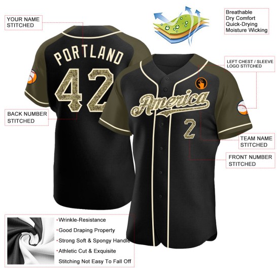 Black Jersey Sleeves Authentic Olive-Cream Raglan Custom Camo Baseball Black Jersey Sleeves Authentic Olive-Cream Raglan Custom Camo Baseball