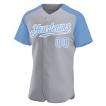 Authentic Sleeves Light Gray Baseball Custom Blue-White Raglan Jersey Authentic Sleeves Light Gray Baseball Custom Blue-White Raglan Jersey